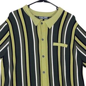 PJ Paul Jones Polo Shirt Men's XL Green Black White Striped Button Front